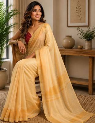 Cream yellow printed chanderi cotton ready to wear saree 3