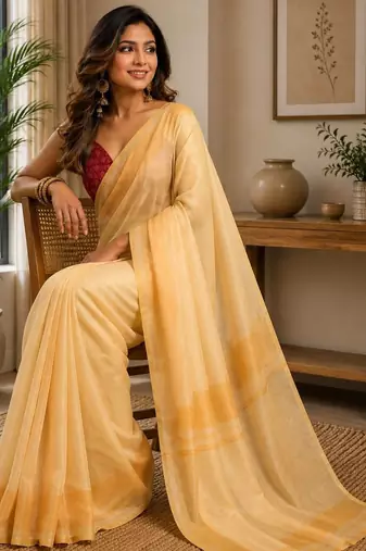 Cream yellow printed chanderi cotton ready to wear saree