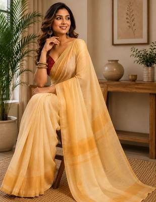 Cream yellow printed chanderi cotton ready to wear saree 4
