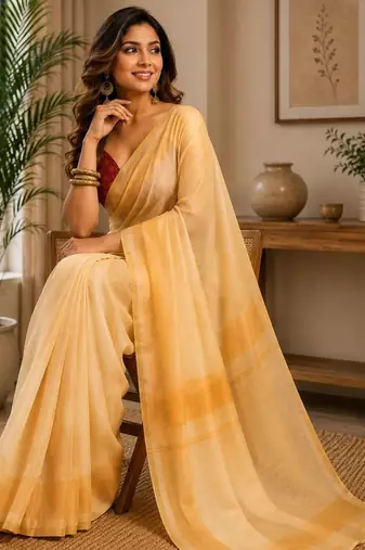 Cream yellow printed chanderi cotton ready to wear saree