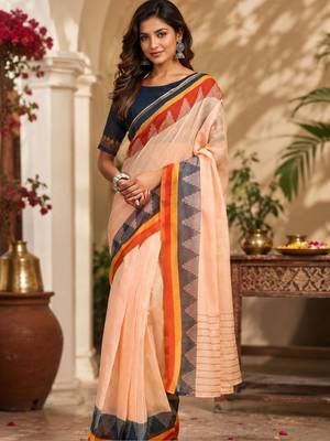 Peach peach printed chanderi cotton ready to wear saree 1