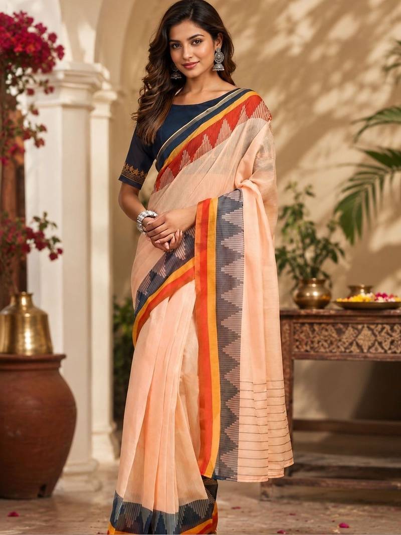 Peach peach printed chanderi cotton ready to wear saree