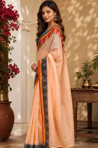 Peach peach printed chanderi cotton ready to wear saree