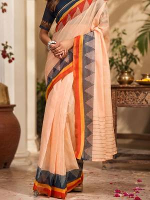 Peach peach printed chanderi cotton ready to wear saree 4