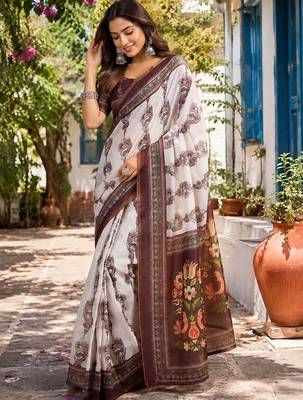 Off white white printed chanderi cotton ready to wear saree 1