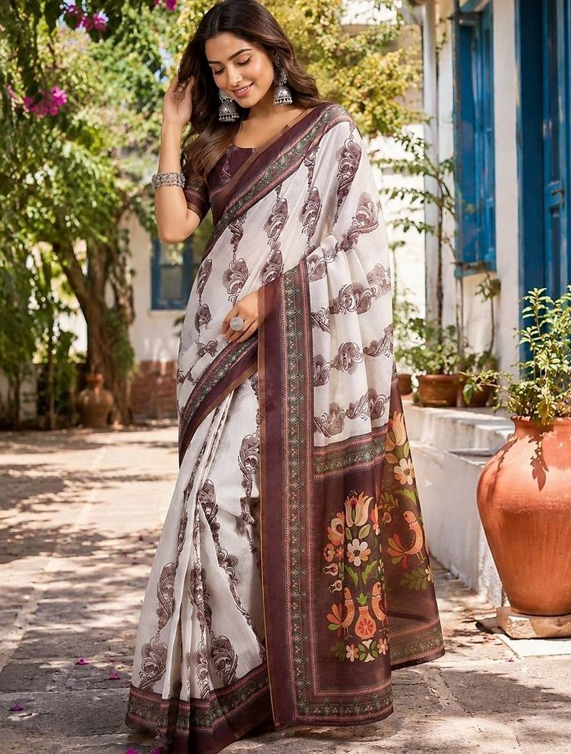 Off white white printed chanderi cotton ready to wear saree