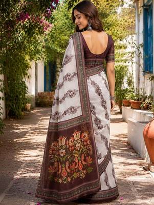 Off white white printed chanderi cotton ready to wear saree 2