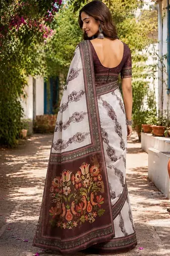 Off white white printed chanderi cotton ready to wear saree