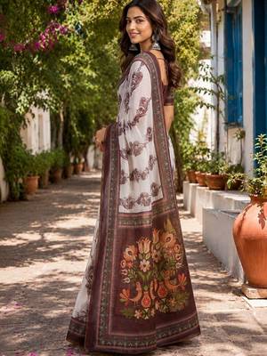 Off white white printed chanderi cotton ready to wear saree 3