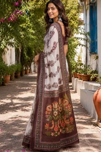 Off white white printed chanderi cotton ready to wear saree