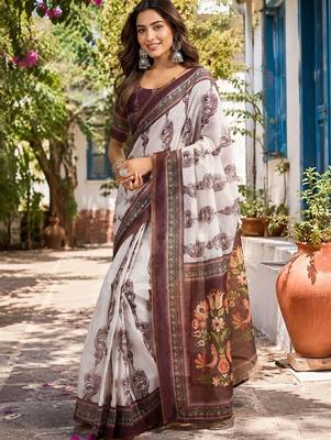 Off white white printed chanderi cotton ready to wear saree 4