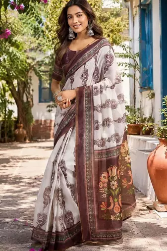 Off white white printed chanderi cotton ready to wear saree