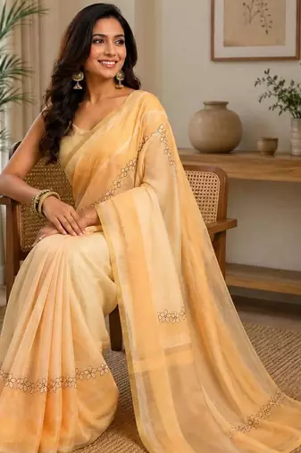 Peach yellow printed chanderi cotton ready to wear saree