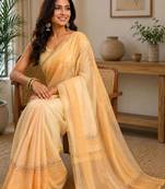 Peach yellow printed chanderi cotton ready to wear saree