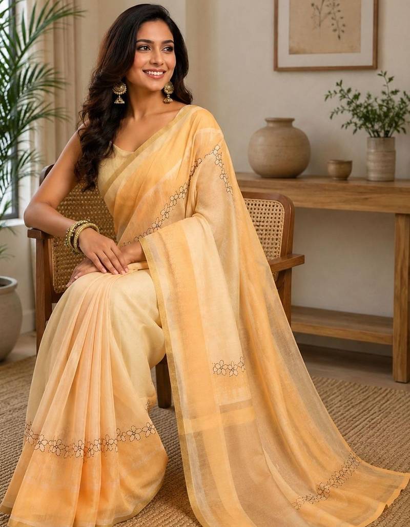 Peach yellow printed chanderi cotton ready to wear saree