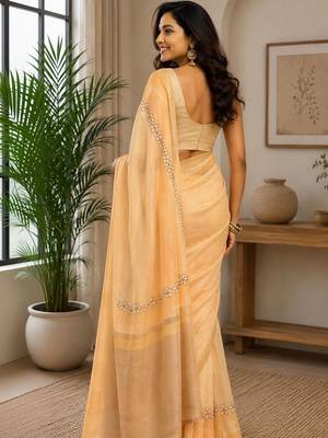 Peach yellow printed chanderi cotton ready to wear saree 2