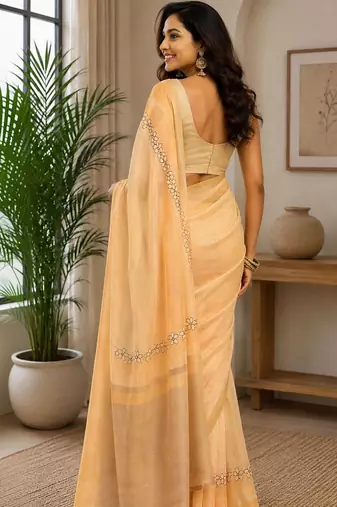 Peach yellow printed chanderi cotton ready to wear saree