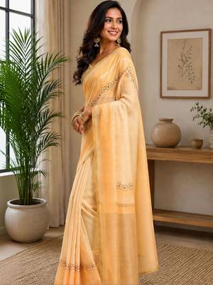 Peach yellow printed chanderi cotton ready to wear saree 3