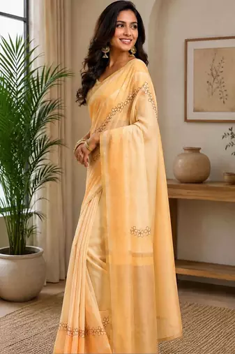 Peach yellow printed chanderi cotton ready to wear saree