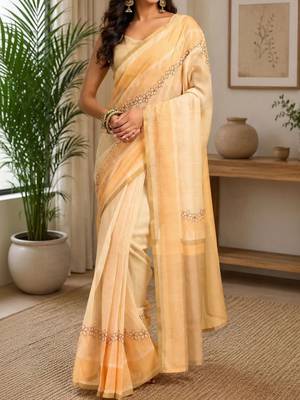 Peach yellow printed chanderi cotton ready to wear saree 4