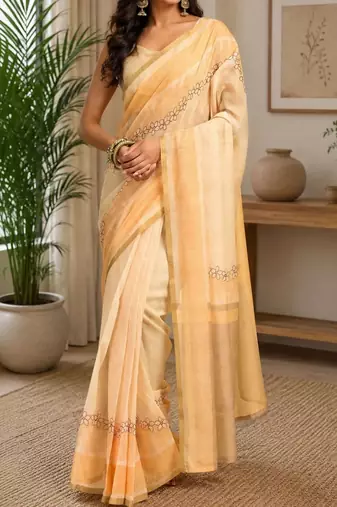 Peach yellow printed chanderi cotton ready to wear saree