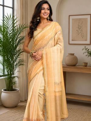 Peach yellow printed chanderi cotton ready to wear saree 5