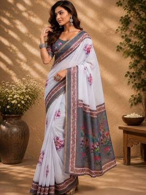 White white printed chanderi cotton ready to wear saree 1
