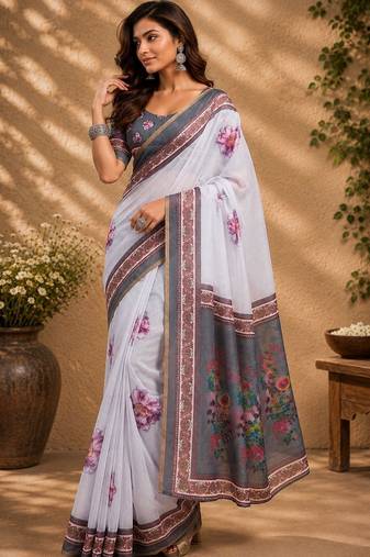 White white printed chanderi cotton ready to wear saree