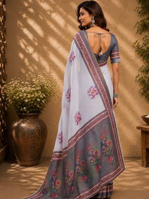White white printed chanderi cotton ready to wear saree 2