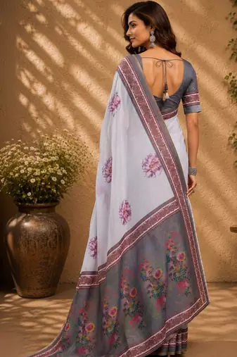 White white printed chanderi cotton ready to wear saree