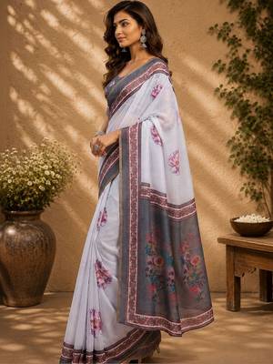 White white printed chanderi cotton ready to wear saree 3