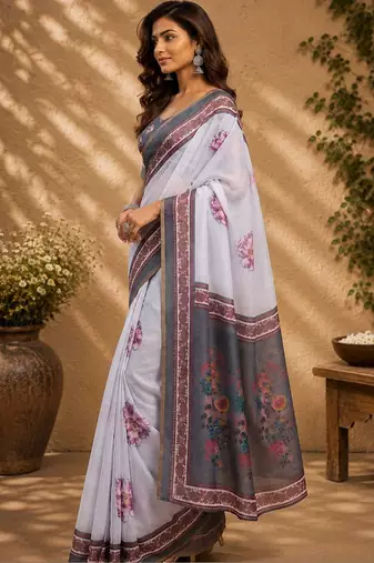 White white printed chanderi cotton ready to wear saree