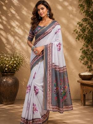 White white printed chanderi cotton ready to wear saree 4