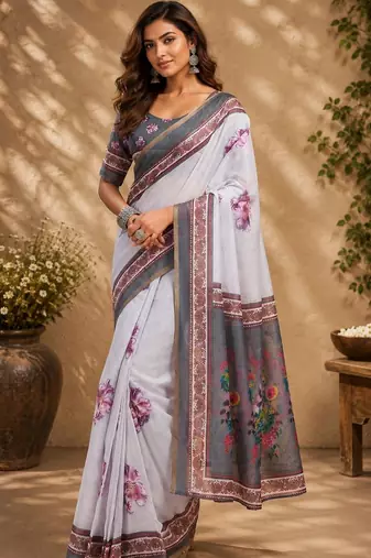 White white printed chanderi cotton ready to wear saree