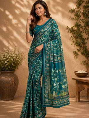 Teal teal printed chanderi cotton ready to wear saree 1