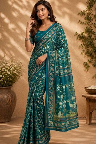 Teal teal printed chanderi cotton ready to wear saree