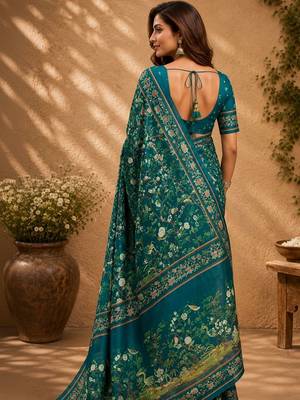 Teal teal printed chanderi cotton ready to wear saree 2