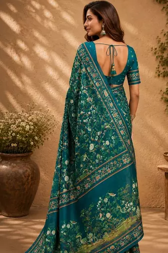 Teal teal printed chanderi cotton ready to wear saree