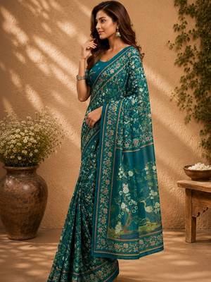 Teal teal printed chanderi cotton ready to wear saree 3