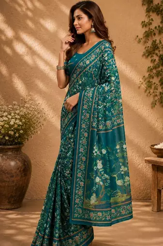 Teal teal printed chanderi cotton ready to wear saree