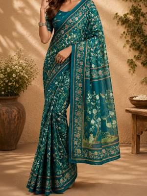 Teal teal printed chanderi cotton ready to wear saree 4