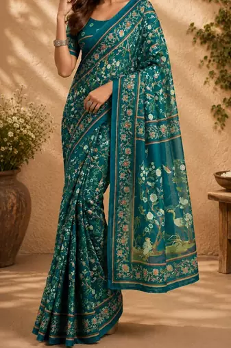Teal teal printed chanderi cotton ready to wear saree