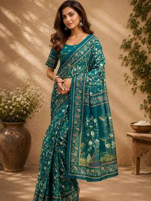 Teal teal printed chanderi cotton ready to wear saree 5