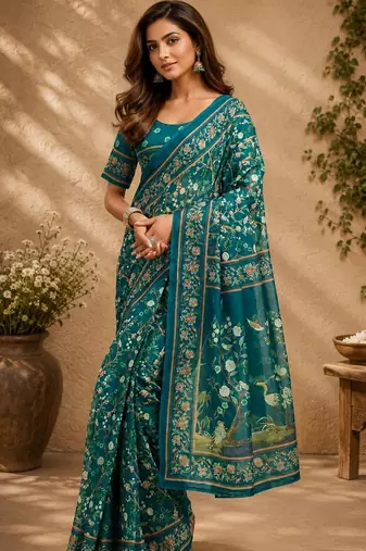 Teal teal printed chanderi cotton ready to wear saree