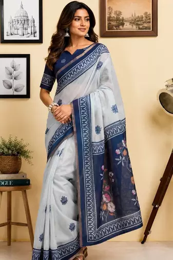 Off white navy blue printed chanderi cotton ready to wear saree