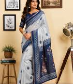 Off white navy blue printed chanderi cotton ready to wear saree