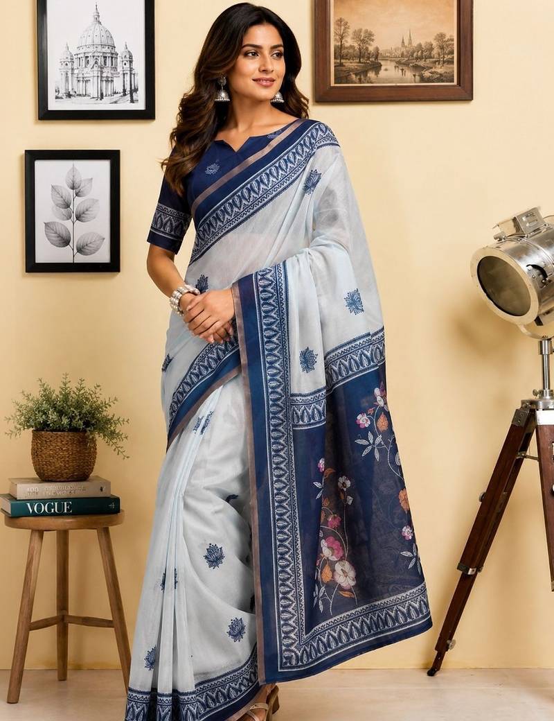 Off white navy blue printed chanderi cotton ready to wear saree