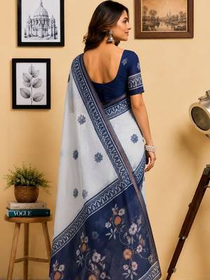 Off white navy blue printed chanderi cotton ready to wear saree 2