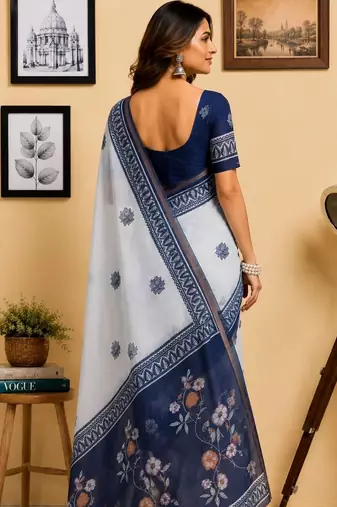 Off white navy blue printed chanderi cotton ready to wear saree