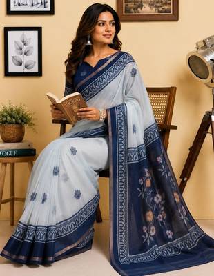 Off white navy blue printed chanderi cotton ready to wear saree 3